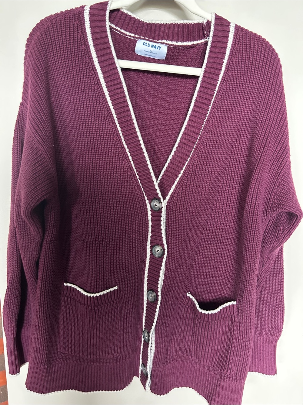 Vintage-Inspired Burgundy Cardigan Sweater with Contrast Trim